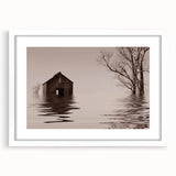 Abstract art print of Iowa scenery in muted green and blue tones on a white framed canvas, ideal for dining room decor.