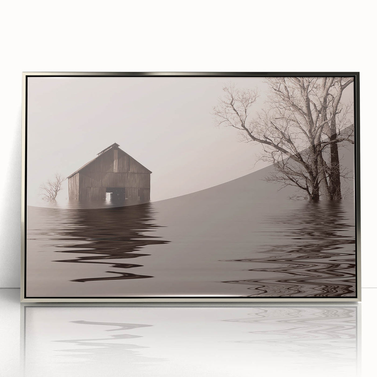 Mid-century modernist art depicting Iowa scenery in muted earth tones on a framed acrylic, ideal for nursery wall decor.