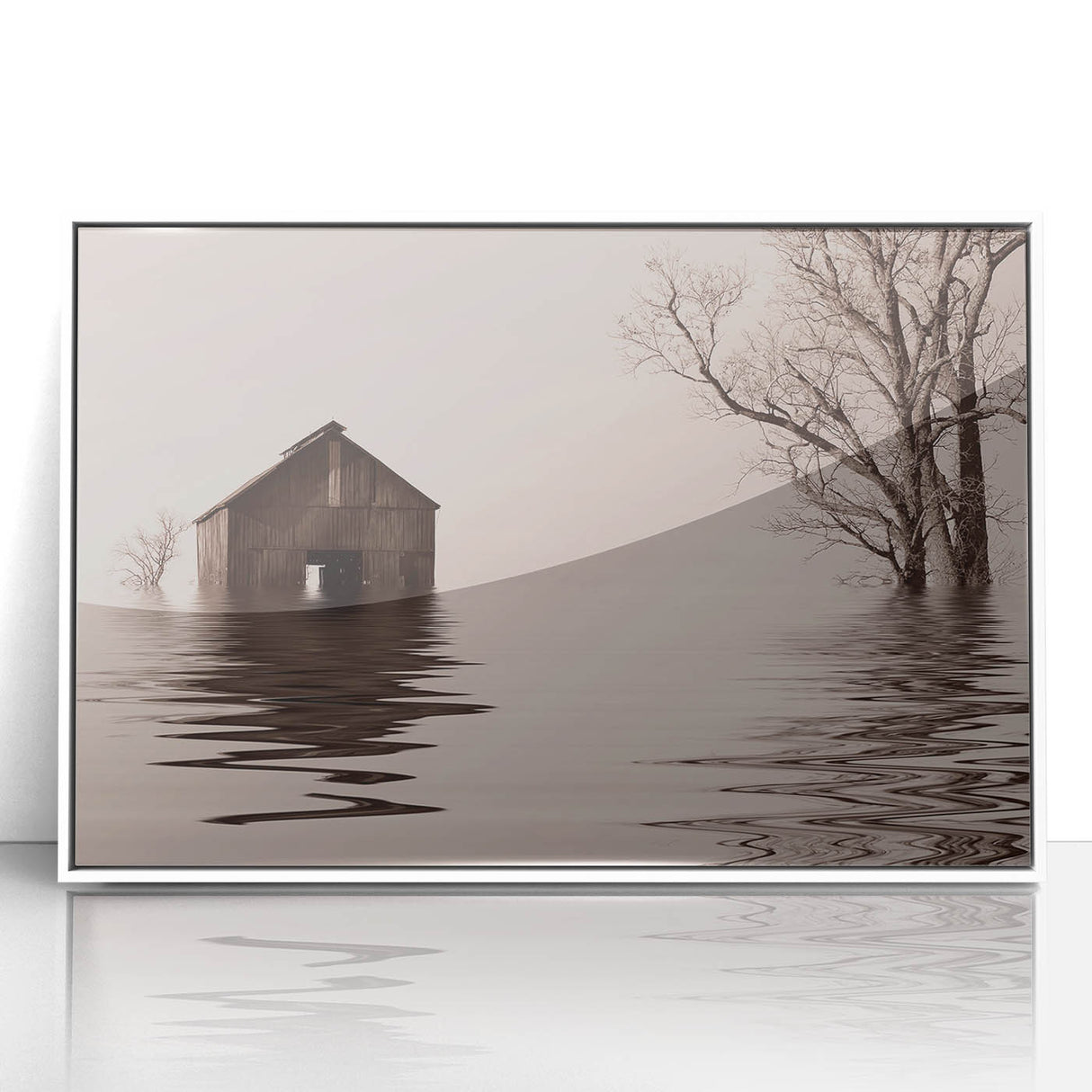 Art deco poster featuring a serene Iowa landscape in muted green and blue tones on a white framed acrylic.