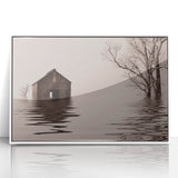 Art deco poster featuring a serene Iowa landscape in muted green and blue tones on a white framed acrylic.