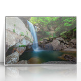 Acrylic print of a Kentucky landscape in art deco style, with soft pastel colors, framed in white.