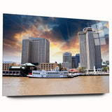 Acrylic print of a large abstract depiction of New Orleans in muted earth tones, ideal for bedroom or dining room art.