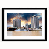 Extra large wall art featuring an abstract depiction of New Orleans in vibrant, colorful textures on a framed black mat.