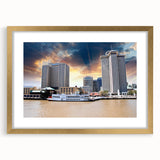 Extra large abstract art print of a textured New Orleans scenery in gold frame, ideal for living room decor.