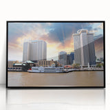 Large abstract wall art depicting a stylized New Orleans scene in muted colors on a framed acrylic.