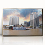 Acrylic print of New Orleans scenery in gold frame, featuring mid-century modernist style, ideal for nursery wall art.