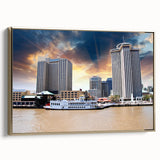 Framed canvas depicting a vintage-style New Orleans landscape in black and gold tones, suitable for bedroom wall art.