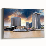 Framed canvas of a vintage-style New Orleans landscape painting in vibrant colors on a black background.