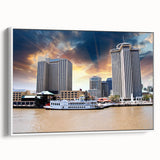 Vintage poster art of New Orleans with colorful details on a large framed canvas, suited for living room decor.