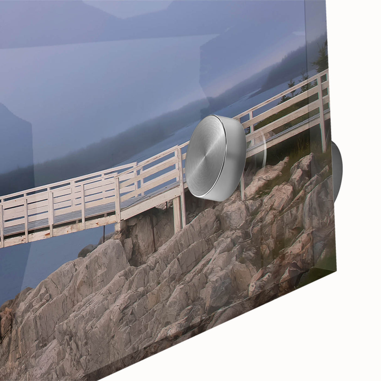 Acrylic print of Acadia National Park with vivid blues and greens in a mid-century modernist style.