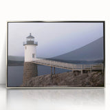 Mid-century modernist art of Acadia, Maine scenery in muted earth tones on a silver-framed acrylic print.