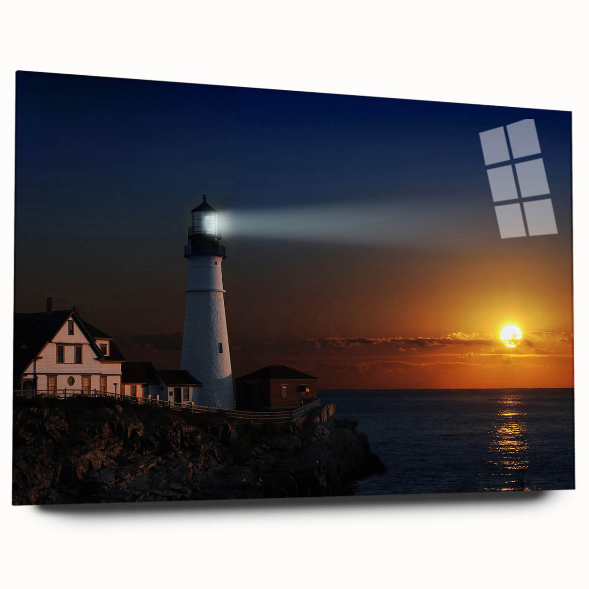 Acrylic glass print of a serene Maine landscape in soft blue and green tones, suitable for bedroom or dining room decor.