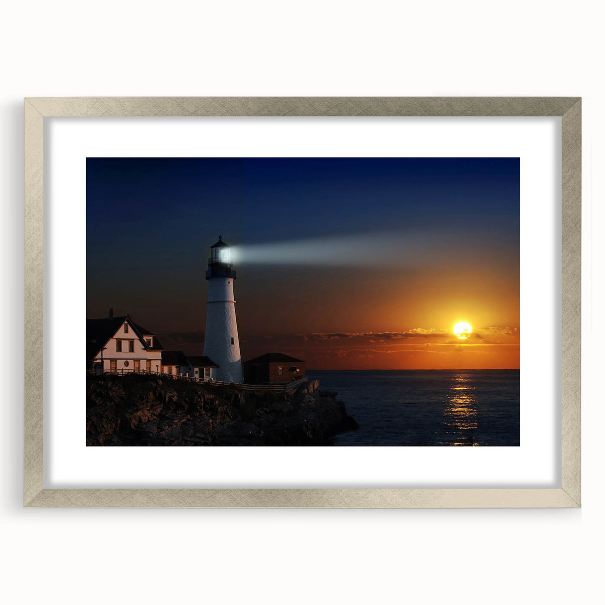 Textured abstract art print depicting a serene Maine landscape in muted earth tones on a framed silver mat.