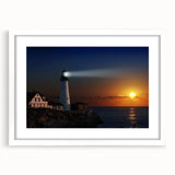 Abstract art print of a Maine coastline in muted blue and gray tones on a white-framed canvas, ideal for dining room decor.