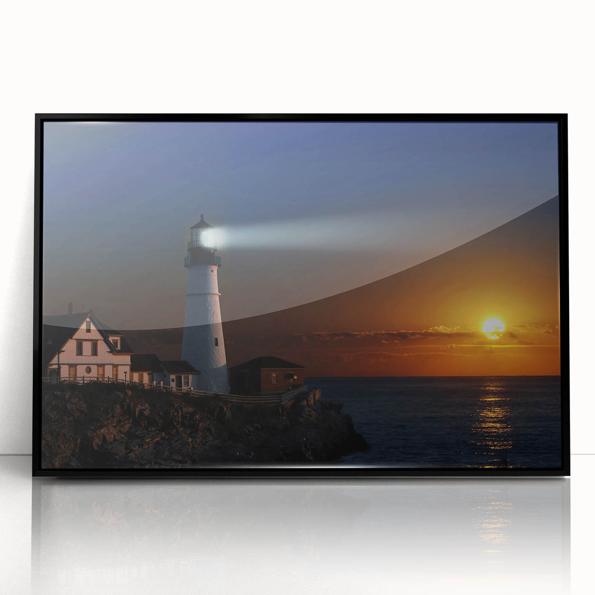 Large abstract wall art depicting Maine scenery in mid-century modernist style, framed in black acrylic.