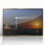 Acrylic print of a Maine landscape in muted earth tones, framed in gold, suitable for modern art wall decor.