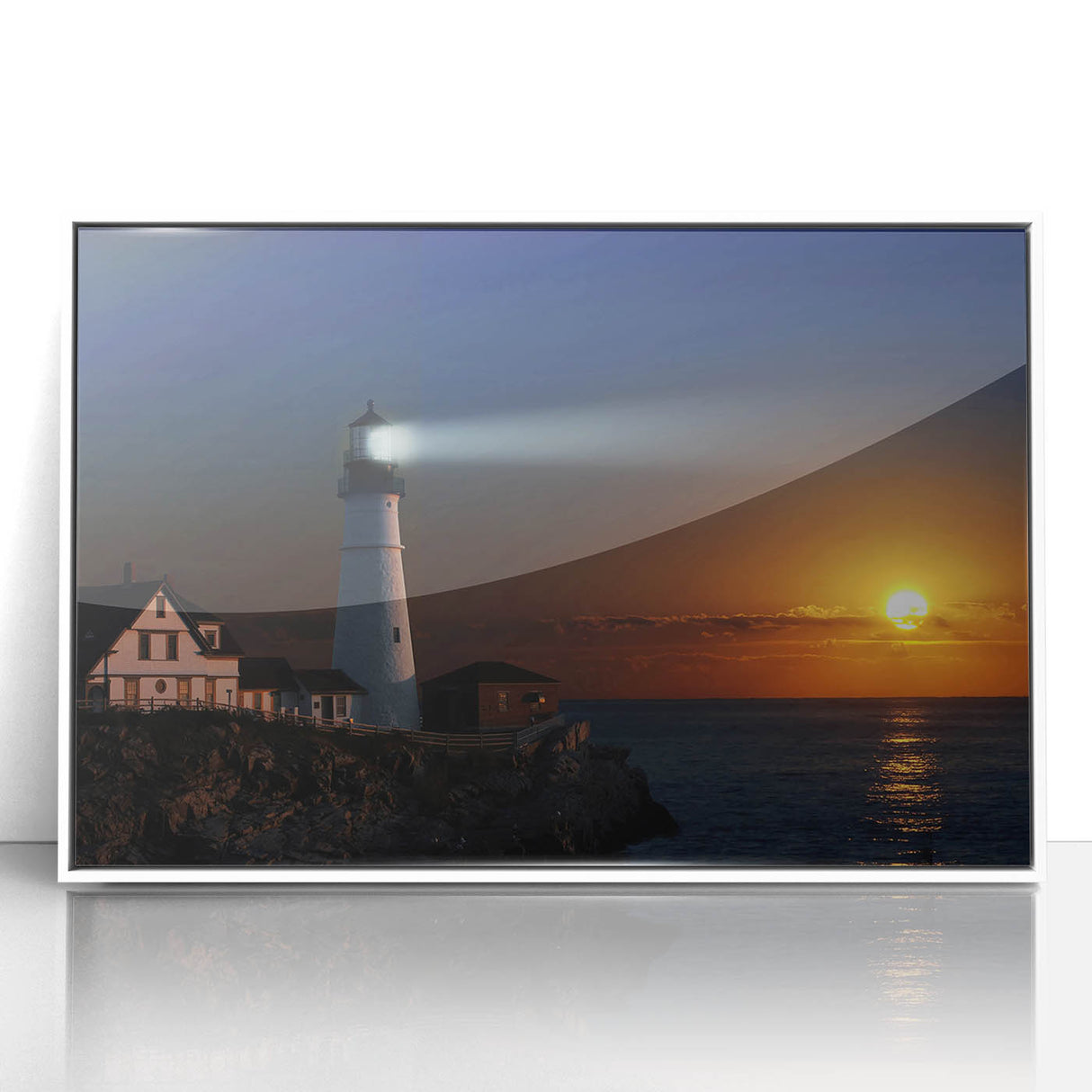 Acrylic print of a serene Maine landscape in soft blue and green tones, framed in white, suitable for modern nursery decor.