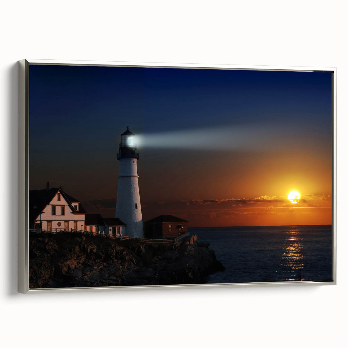 Landscape painting of Maine coastline on framed canvas, featuring muted earth tones, ideal for living room decor.