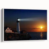 Vintage poster art of a Maine scenic view in vibrant colors on a large framed canvas, suitable for living room decor.