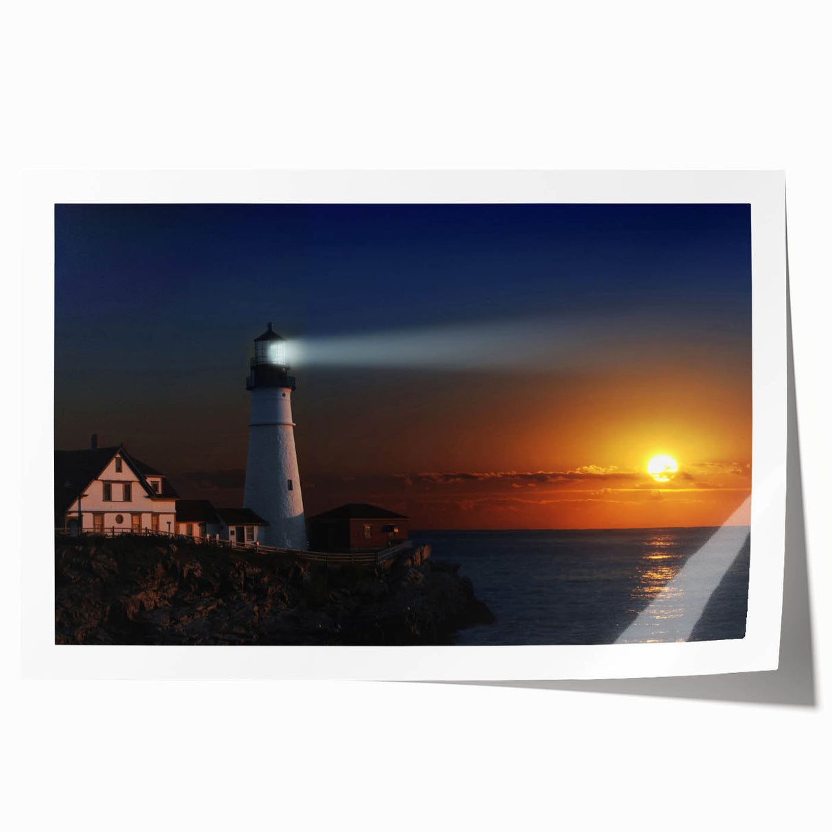Art deco poster featuring a serene Maine landscape in muted blue and green tones, ideal for dining room wall art.