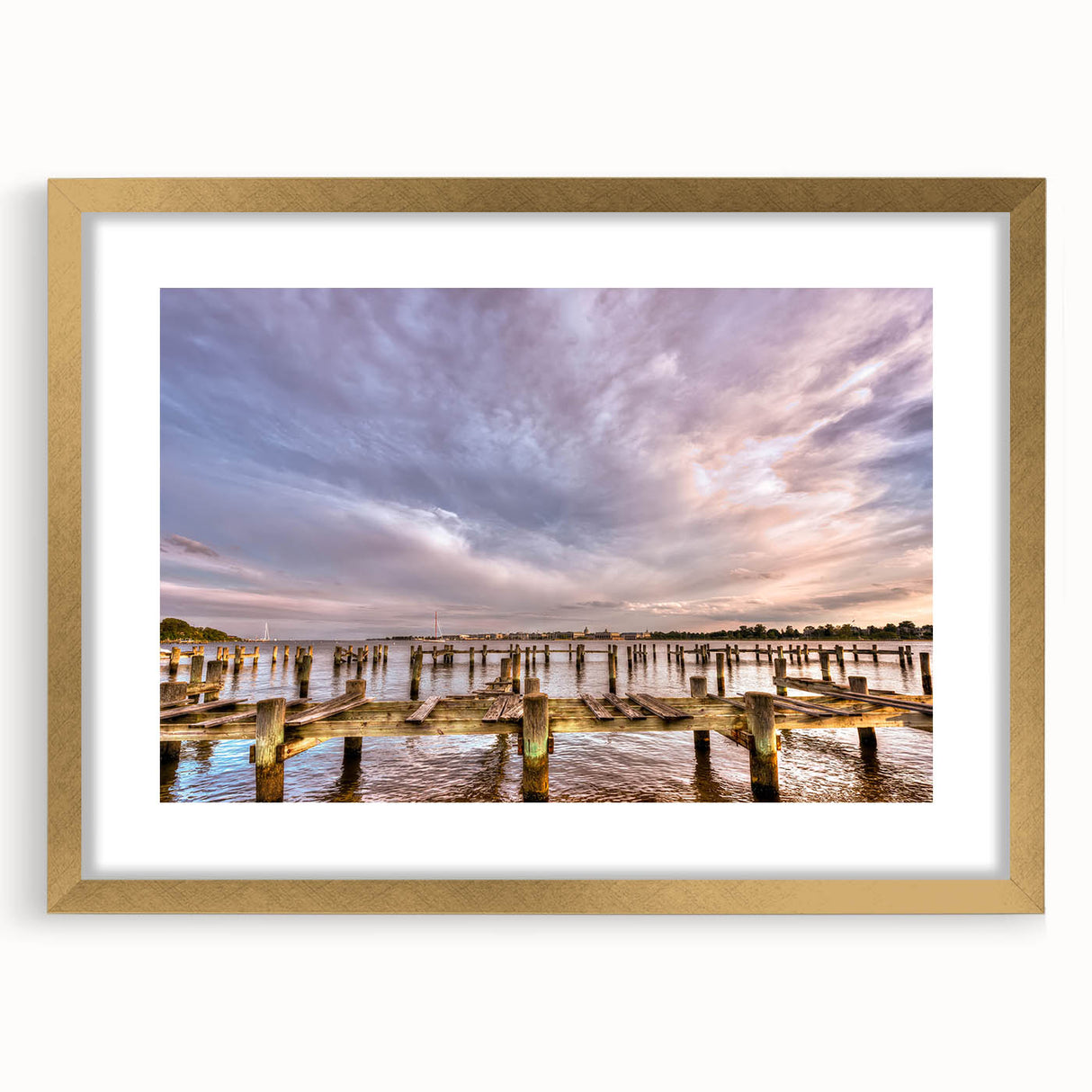 Extra large abstract art print of Annapolis scenery in textured gold frame, ideal for living room decor.
