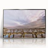 Mid-century modernist art depicting Annapolis, Maryland, in acrylic with silver frame, suitable for modern art wall decor.