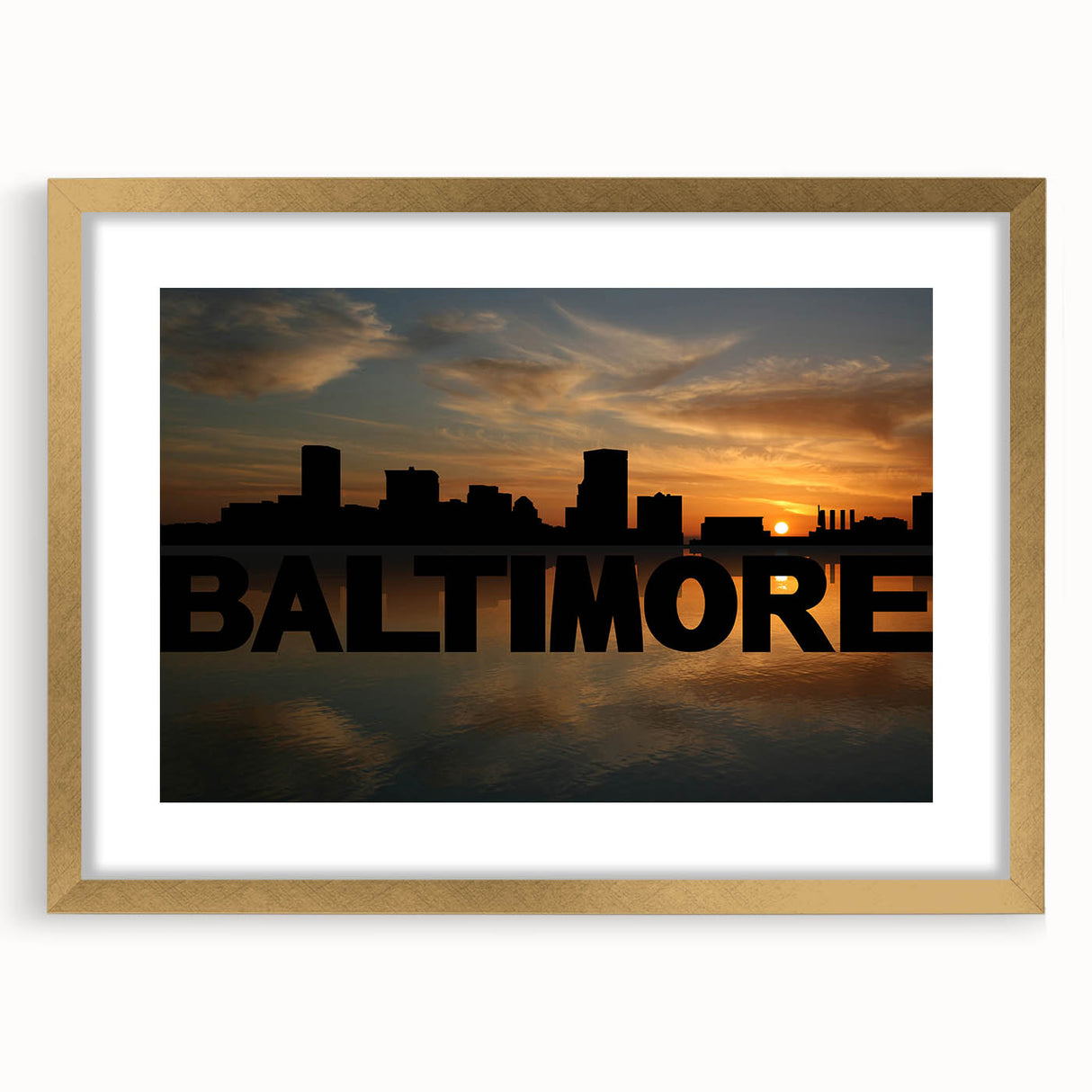 Extra large abstract art print of Baltimore skyline in muted gold and blue tones on a framed canvas.