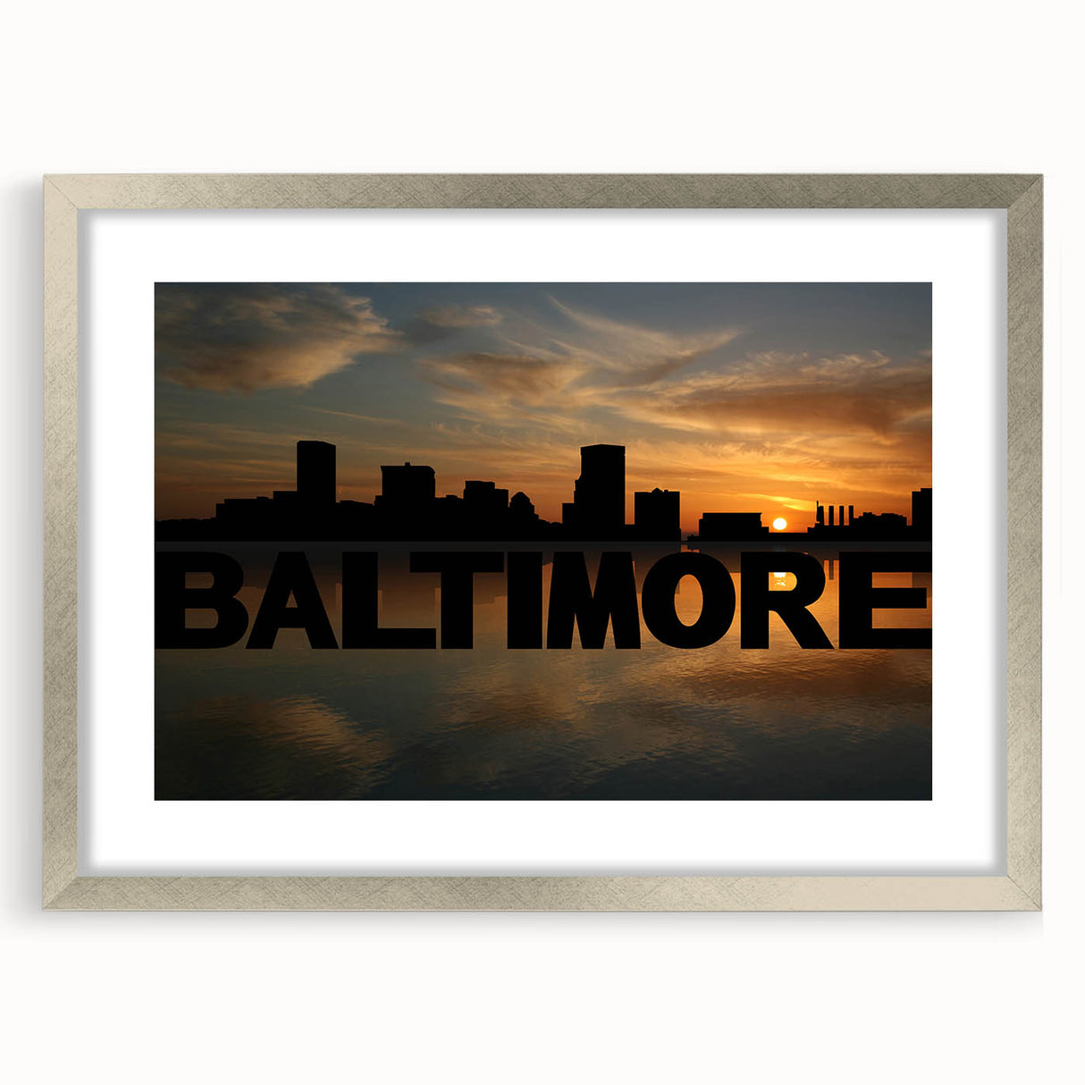Textured art print of Baltimore skyline in abstract style with gray and blue tones on a framed silver mat.