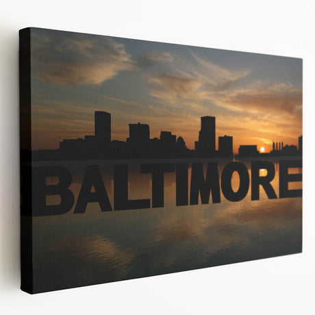 Large art depicting the Baltimore skyline in muted gray and blue tones on stretched canvas, ideal for kitchen wall art.