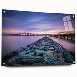 Acrylic print of Chesapeake Bay with muted blue and green tones, ideal for dining room decor.