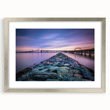 Textured art depicting the Chesapeake Bay in abstract style with cool blue and green hues, framed in silver.