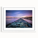 Abstract art print of Chesapeake Bay in muted blue and green tones on a white framed mat, ideal for dining room decor.