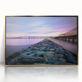 Acrylic print of Chesapeake Bay with gold frame, featuring mid-century modernist style, ideal for modern art wall decor.
