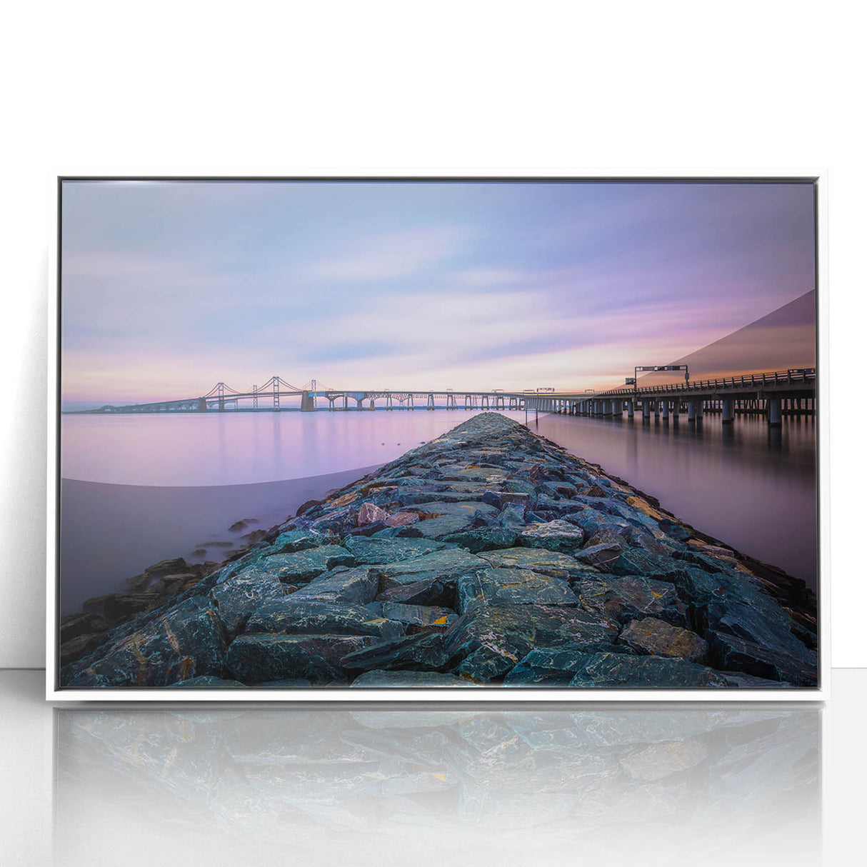 Acrylic print of Chesapeake Bay with soft pastel colors, framed in white, suitable as modern art wall decor or nursery art.