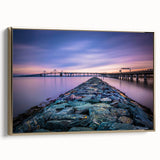 Framed canvas wall art depicting Chesapeake Bay landscape in muted gold and black tones, ideal for bedroom decor.