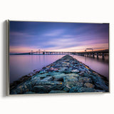 Framed canvas of a Chesapeake Bay landscape painting in muted blue and green tones, ideal for living room decor.