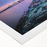 Art deco poster featuring a serene Chesapeake Bay landscape in muted blues and greens on rolled canvas.