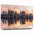 Acrylic print of Boston skyline in muted gray and blue tones, suitable for bedroom or dining room decor.