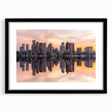 Abstract art print of Boston skyline in vibrant colors on a large textured canvas, ideal for living room decor.