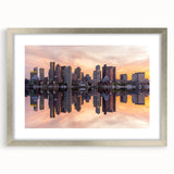 Textured art print of abstract Boston skyline in muted gray tones on a framed silver mat, ideal for bedroom wall decor.