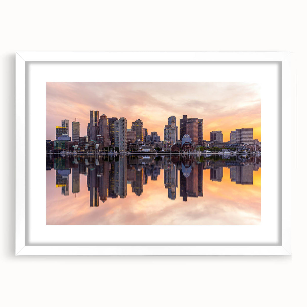 Abstract art print of Boston skyline in muted blue and gray tones on a white framed canvas, ideal for dining room decor.