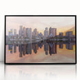 Large abstract wall art depicting Boston skyline in muted gray and blue tones on framed acrylic.