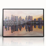 Large abstract wall art depicting Boston skyline in muted gray and blue tones on framed acrylic.