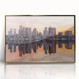 Framed acrylic print of Boston skyline in muted gold and blue tones, ideal for modern art wall decor.