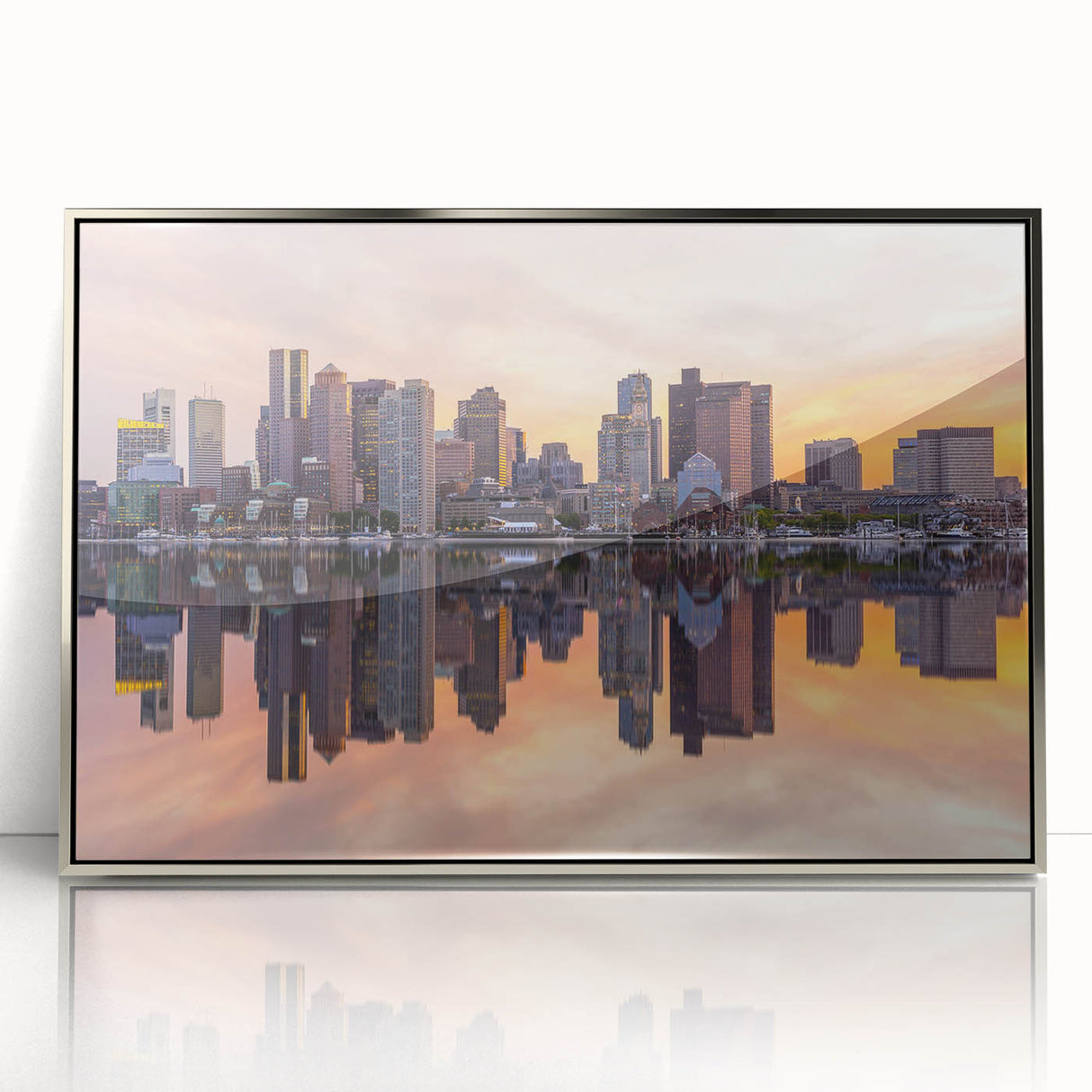 Mid-century modernist art depicting Boston skyline in muted blues and grays on a framed acrylic print.