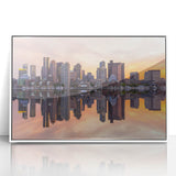 Acrylic print of Boston skyline in muted gray and blue tones, framed in white, suitable for modern art wall decor.