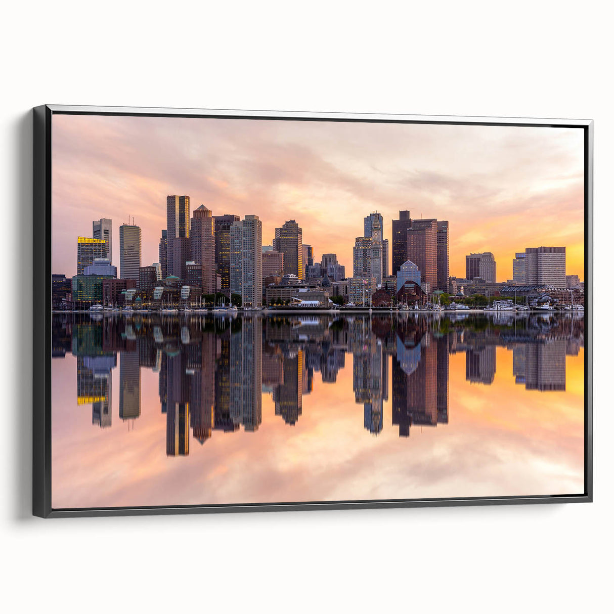 Black and white framed canvas of Boston skyline, ideal for bedroom wall decor.