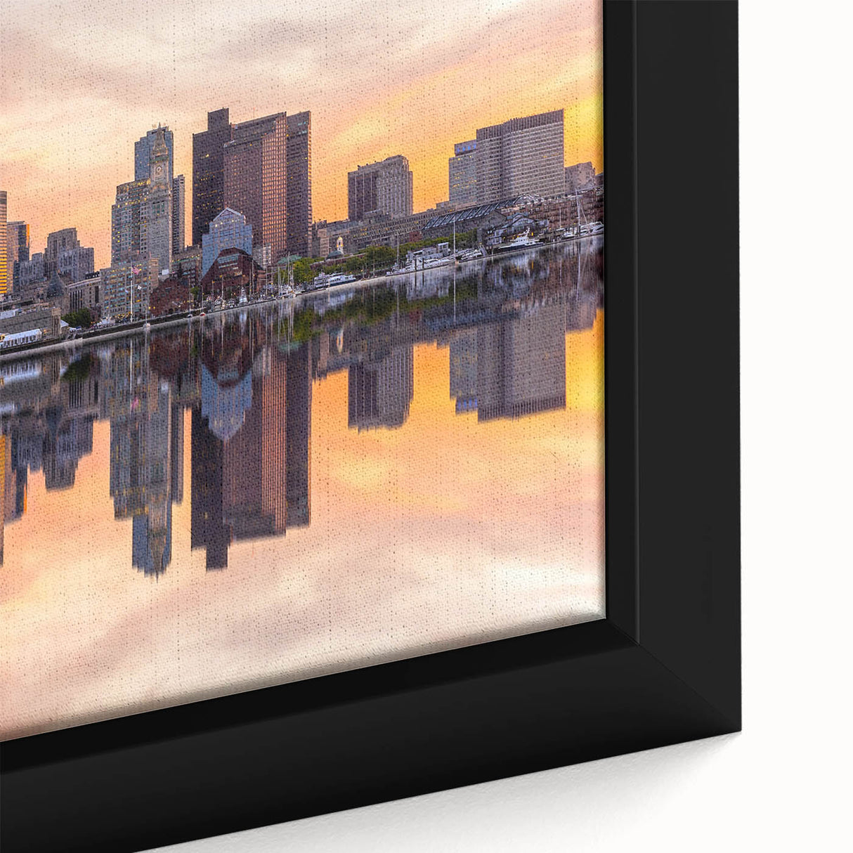 Framed canvas of a textured Boston skyline in black with colorful accents, ideal for large living room decor.