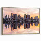 Framed canvas vintage poster art of Boston skyline in gold and black, ideal for living room decor.