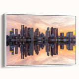 Framed canvas featuring a vintage-style landscape painting of Boston, Massachusetts in colorful art tones.